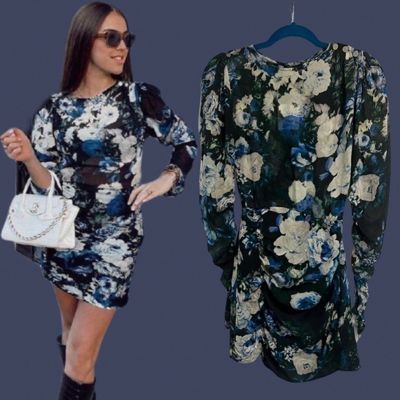 ZARA sheer top floral ruched mini dress with ruched sleeves - Picture 3 of 11